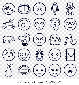 Cute icons set. set of 25 cute outline icons such as hippopotamus, beetle, teddy bear, horse toy, child bicycle, child playground carousel, pear, notebook with heart, robot