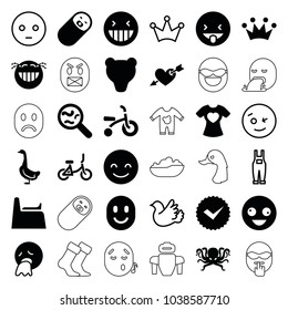 Cute icons. set of 36 editable filled and outline cute icons such as goose, crazy emot, laughing emot, bear, t-shirt with heart, crown, gardener jumpsuit, bird, octopus