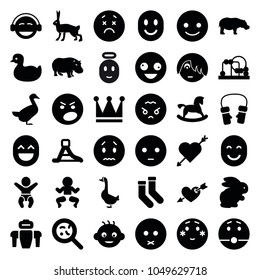 Cute icons. set of 36 editable filled cute icons such as rabbit, hippopotamus, goose, baby, duck, horse toy, baby toy, crown, socks, mittens, smiling emot, crazy emot