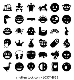 Cute icons set. set of 36 cute filled icons such as hippopotamus, octopus, squirrel, goose, rabbit, baby toy, baby potty, Crown, mittens, smiling emot, laughing emot