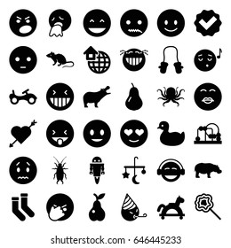 Cute icons set. set of 36 cute filled icons such as pear, hippopotamus, octopus, mouse, beetle, bed mobile, duck, bike, baby toy, baby mitten, socks, smiling emot