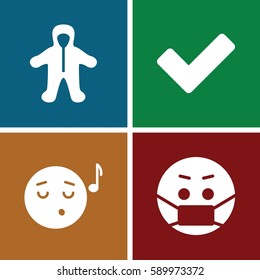 cute icons set. Set of 4 cute filled icons such as baby, emoji listening music, emoji in mask