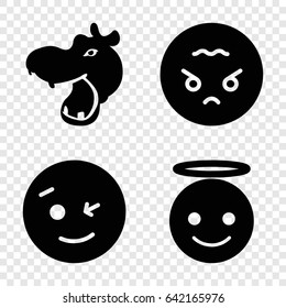 Cute icons set. set of 4 cute filled icons such as hippopotamus, wink emot, emoji angel