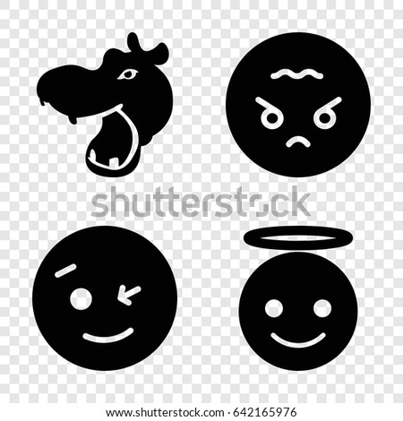 Cute icons set. set of 4 cute filled icons such as hippopotamus, wink emot, emoji angel