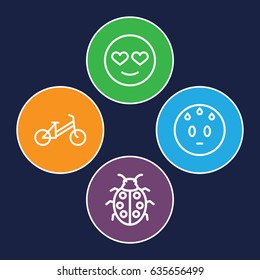 Cute icons set. set of 4 cute outline icons such as child bicycle, ladybug, sweating emot