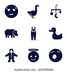 Cute icons. set of 9 editable filled cute icons such as bed mobile, emoji angel, yawn emot, sweating emot, gardener jumpsuit, hippopotamus, goose, duck