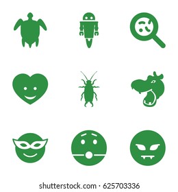 Cute icons set. set of 9 cute filled icons such as hippopotamus, beetle, emoji in mask, devil emot, surprised emot, bacteria, heart face, turtle  illsutration