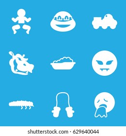 Cute icons set. set of 9 cute filled icons such as hippopotamus, baby bath, baby mitten, devil emot, vomiting emot, ninja, caterpillar, robot