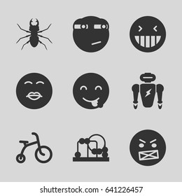Cute icons set. set of 9 cute filled icons such as beetle, child bicycle, baby toy, laughing emot, emot showing tongue, rolling eyes emoji