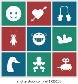 Cute icons set. set of 9 cute filled icons such as goose, beetle, mouse toy, baby mitten, baby, smiling emot, laughing emot, heart with arrow