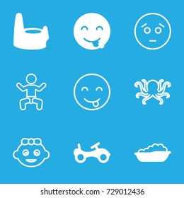 Cute icons set. set of 9 cute filled and outline icons such as bike, baby bath, baby potty, emot showing tongue, octopus