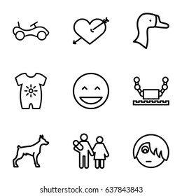 Cute icons set. set of 9 cute outline icons such as dog, goose, baby onesie, bike, laughing emot 