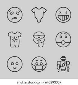 Cute icons set. set of 9 cute outline icons such as baby onesie, laughing emot, sad emot, emoji in mask