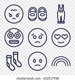 Cute icons set. set of 9 cute outline icons such as baby shoes, socks, gardener jumpsuit, rainbow, sad emot, emot in love, shocked emoji