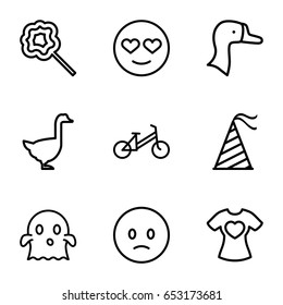 Cute icons set. set of 9 cute outline icons such as goose, child bicycle, lollipop, t-shirt with heart, party hat, sad emot, emot in love