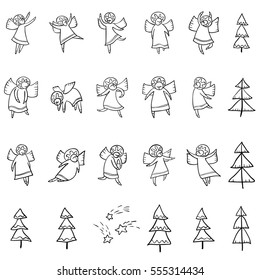 Cute icons set with angels. Dancing and flying line art religion mythology characters collection with stars and Christmas trees. Vector illustration