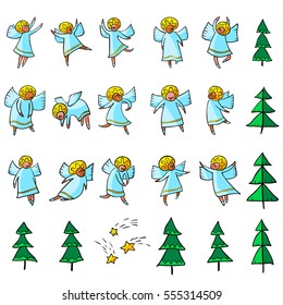 Cute icons set with angels. Dancing and flying line art religion mythology characters collection with stars and Christmas trees. Vector illustration