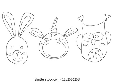 Cute icons set of animals head outline of rabbit, owl and unicorn.Vector flat ink illustration in doodle style isolated on white background.