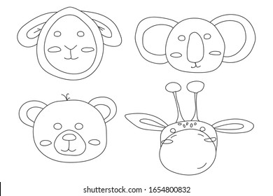 Cute icons set of animals head of bear, giraffe, sheep and koala.Vector flat illustration in doodle style isolated on white background.