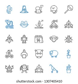 cute icons set. Collection of cute with cactus, stroller, robot, cupid, tulip, sheep, hippopotamus, ladybug, monkey, valentines day, nest, bookworm. Editable and scalable cute icons.