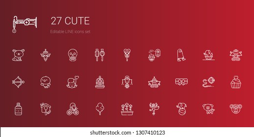 cute icons set. Collection of cute with elephant, monkey, tulips, cotton candy, robot, bird house, correction fluid, garter, bird cage, girl. Editable and scalable cute icons.