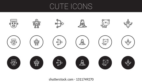 Cute Icons Set. Collection Of Cute With Frankenstein, Robot, Cupid, Pilgrim, Cat. Editable And Scalable Cute Icons.