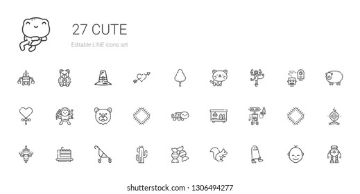 cute icons set. Collection of cute with ghost, squirrel, candy, cactus, stroller, cake slice, robot, terrarium, turtle, patch, bear, cupid, lollipop. Editable and scalable cute icons.