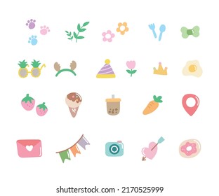 Cute icons set of holidays, food, drinks, leave, fruits. Elements design