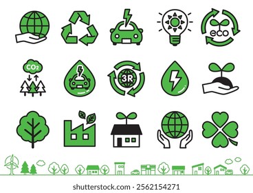 Cute icons set of sustainable environment.