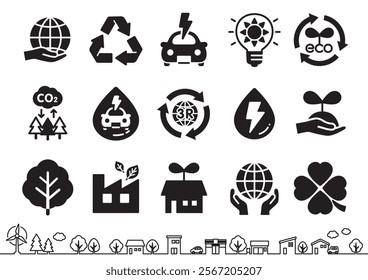Cute icons set of sustainable environment.