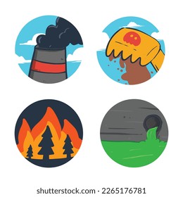 Cute icons sets of climate change, pollution, mining, forest fires, hazardous waste