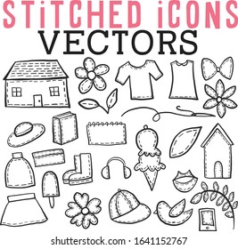 Cute icons with a stitched look including house, shirt, flower, cap, skirt, hat, and leaf vectors