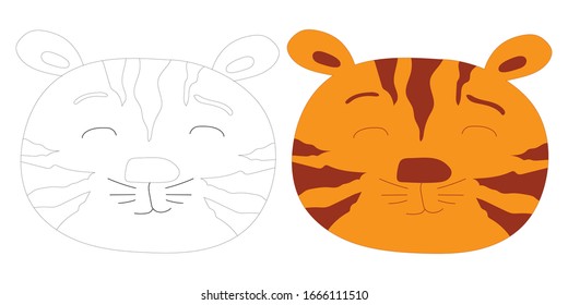Cute icons of tiger head outline. Savanna animal in doodle style isolated on white background. Vector stock illustration in flat style. Coloring book for adults and children.