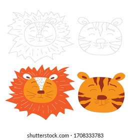 Cute icons of tiger and lion head outline. Savanna animal in doodle style isolated on white background. Stock illustration in flat style. Coloring book for adults and children.