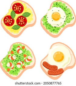 The cute icons of tomato and scrambled eggs toast and avocado egg toast and avocado shrimp toast and fried egg and wiener toast