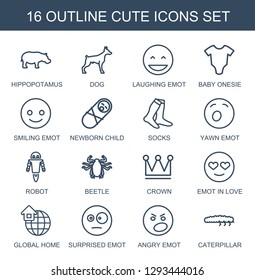 cute icons. Trendy 16 cute icons. Contain icons such as hippopotamus, dog, laughing emot, baby onesie, smiling emot, newborn child, socks, yawn emot. cute icon for web and mobile.