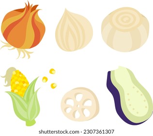 The cute icons of various food such as onion and corn and lotus root and eggplant