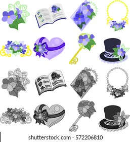 The cute icons of violet object such as book and crystal and necklace and tiara and present and key and silk hat
