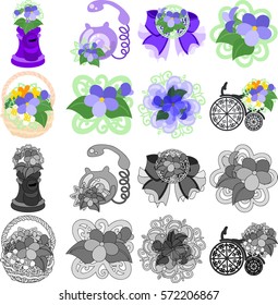 The cute icons of violet object such as post and telephone and ribbon and flower basket and jewel and bicycle