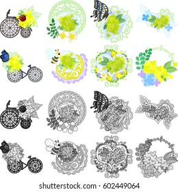 The cute icons of yellow flower objects such as bicycle and vehicle and crystal and jewel