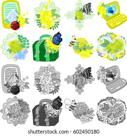 The cute icons of yellow flower objects such as smartphone and telephone and crystal and jewel and PC and bag