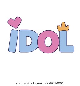 Cute IDOL word art sticker with heart and crown, kawaii kpop fan clipart, pastel blue pink cartoon typography illustration.