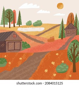 Cute and Idyllic fall landscape in village, autumn in a countryside. Farm houses in a valley surrounded orange and yellow shades, trees and spruces. Card, banner design.