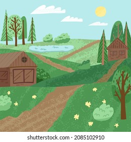 Cute and Idyllic summer landscape in a village or in a countryside. Farm houses in a valley surrounded trees and spruces, lake nearby. Slow living concept. Card, advertising banner design.