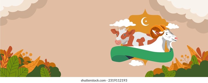 Cute Ied Al Adha banner backgroud. Design with cow, sheep, leaves and cloud. Modern Islamic background