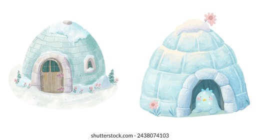 cute igloo watercolour vector illustration