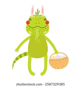 Cute iguana with bunny ears, holding Easter eggs in basket character illustration. Hand drawn flat style design, isolated vector. Holiday clip art, kids print element, seasonal card, banner, poster