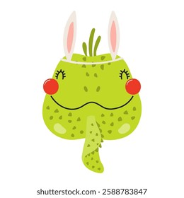Cute iguana face with Easter bunny ears character illustration. Hand drawn flat style design, isolated vector. Holiday clip art, seasonal card, banner, poster, kids print element