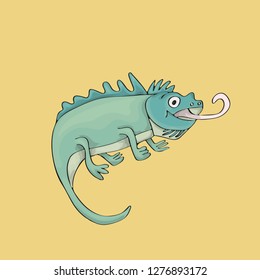 Cute iguana illustrated vector character. Isolated on brown background.