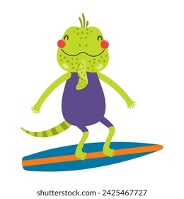 Cute iguana lizard surfing on a surfboard cartoon character illustration. Hand drawn Scandinavian style flat design, isolated vector. Kids summer print element, animal on holidays, vacations, beach